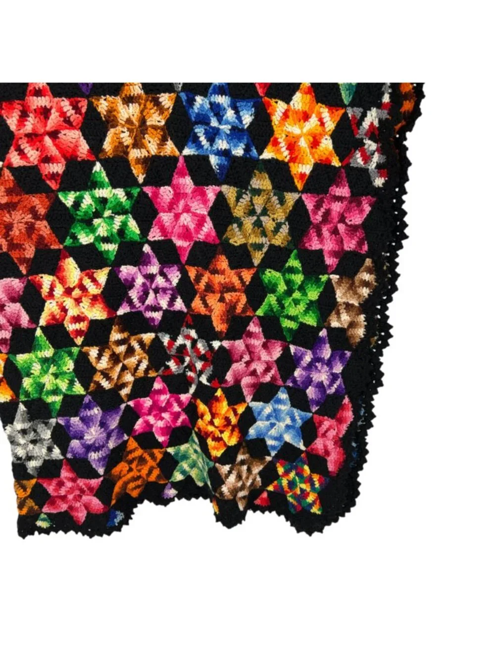 Vintage Multicolor Star Hexagon Crochet Throw Blanket Handmade 70